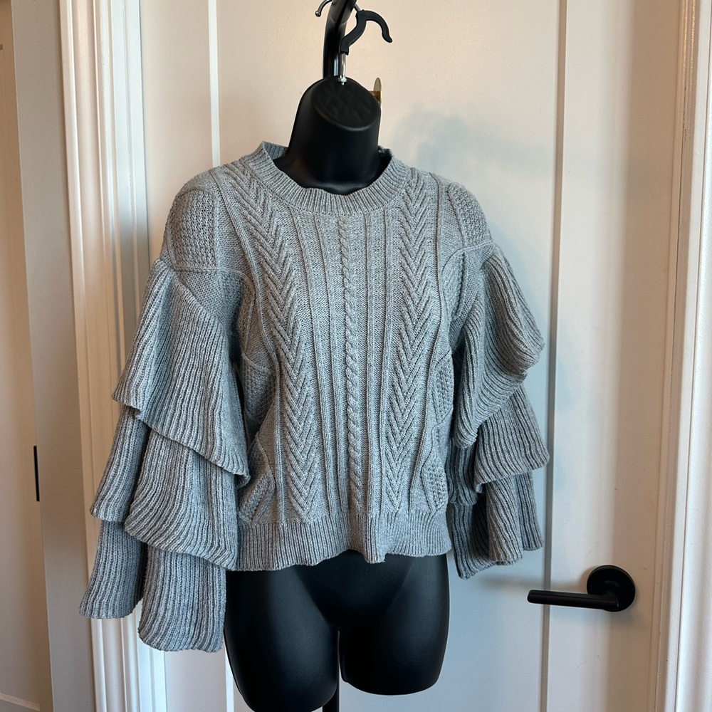 Gray Cable Knit Ruffle Sweater